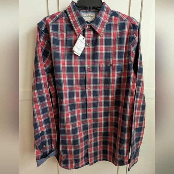 NWT Flag & Anthem Long sleeve Red And Navy Plaid Button Down Shirt Size M Tall - Picture 1 of 6